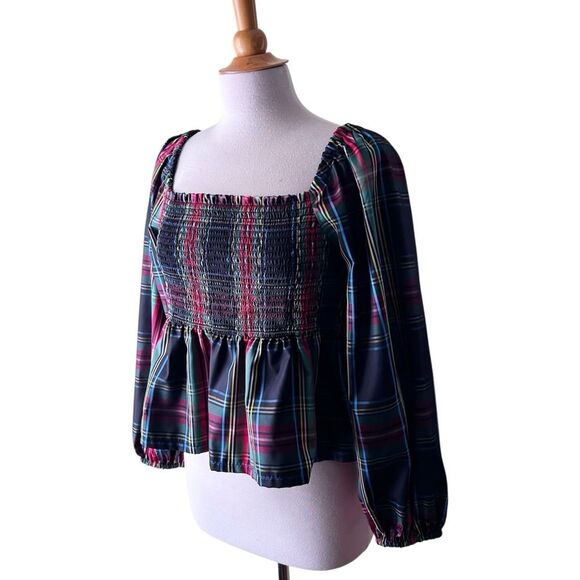 J. CREW Puff Sleeve Smocked Plaid Tartan Holiday Top Square Neck - XL - Picture 6 of 9